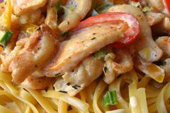 Спагети с пиле, сметана и гъби