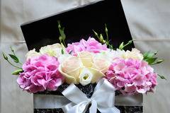 Луксозна кутия с рози хортензия и еустома