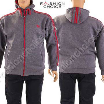 Топъл мъжки суичър с качулка и кантове в сиво /макси размери/