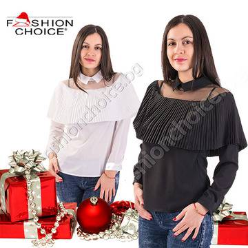 Прекрасна дамска риза с тюл и красива якичка в черен и бял цвят