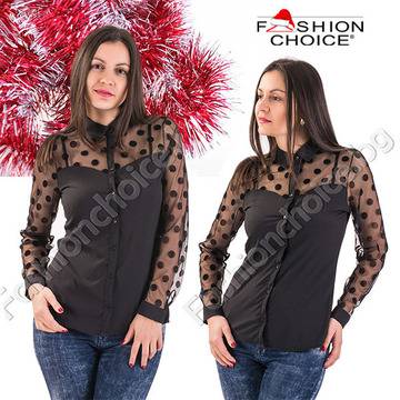 Празнична дамска риза с тюл и точки в черен цвят