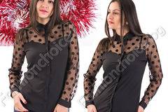 Празнична дамска риза с тюл и точки в черен цвят