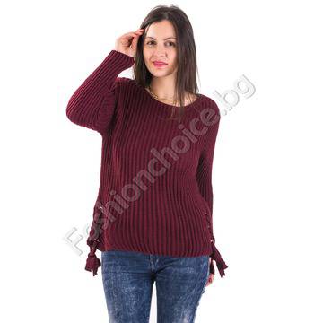 Зимен дамски пуловер с украсителни връзки от двете страни