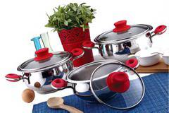 Комплект 3 тенджери с капак Home Perfect, Стъклени капаци, Инокс, Бакелитени дръжки