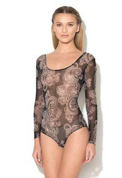 Боди в черно и бежово с флорален десен