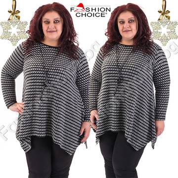 Асиметрична мека макси туника в три десена с кожено герданче