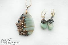 Винтидж колиета и обеци с естествен камък Хризопраз за жени