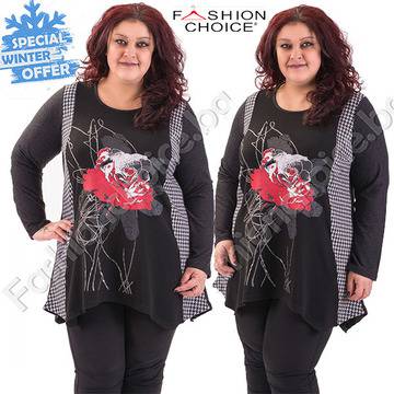 Асиметрична макси туника с красива роза в черен цвят