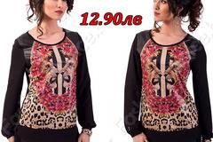 Ефирен топ с дълъг ръкав от шифон и елементи от кожа