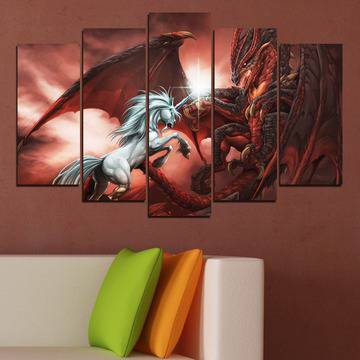 Картина пано за стена от 5 части – Еднорог срещу дракон – HD-275