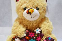 Подаръци, табакери и сувенири – Плюшени играчки – Малко плюшено мече със шарено сърце 22см – Доставка на Цветя за Свети…