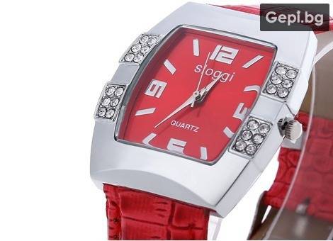 Дамски часовник с нестандартен червен циферблат, украсен с цирконии