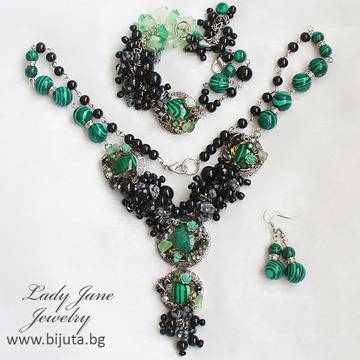Комплект Градина малахит, колие, гривна и обеци