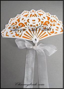 Сватбена покана Ветрило модел Орнамент Бяло и оранжево