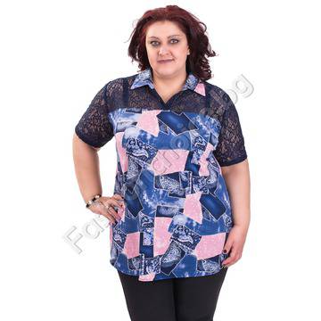 Ефектна дамска блуза с якичка и дантела /макси размер/