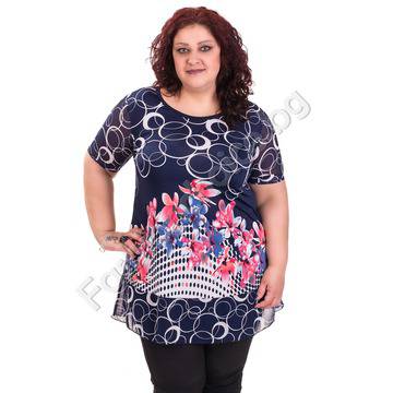 Ефектна макси туника с ръкави от шифон в тъмно синьо