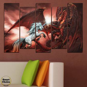 Картина пано за стена от 5 части – Еднорог срещу дракон – HD-275