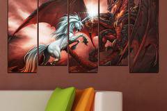 Картина пано за стена от 5 части – Еднорог срещу дракон – HD-275