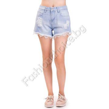 Дамски къси дънкови панталонки с дантела и висока талия
