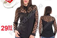 Празнична дамска риза с тюл и точки в черен цвят