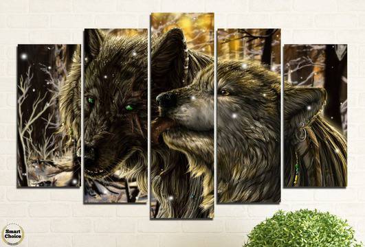 Декоративно пано за стена от 5 части – двойка вълци в зимна нощ – HD-721