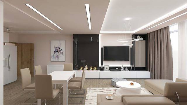 Дневна и кухня в светли тонове кафяво и бяло