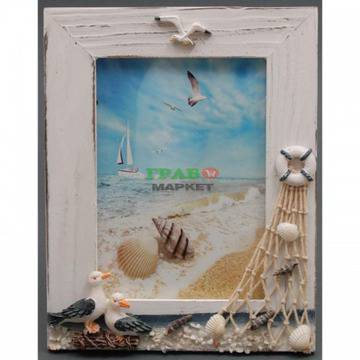 Дървена декоративна рамка за снимки декорирана с морски елементи