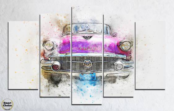 Декоративно пано за стена от 5 части с лилав ретро автомобил – HD-747