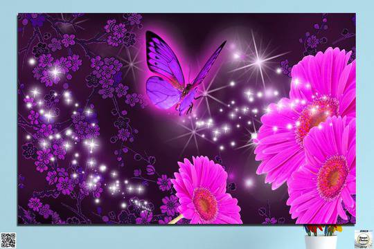 Декоративно пано за стена от 1 част в лилаво с гербери и пеперуда – HD-685-1