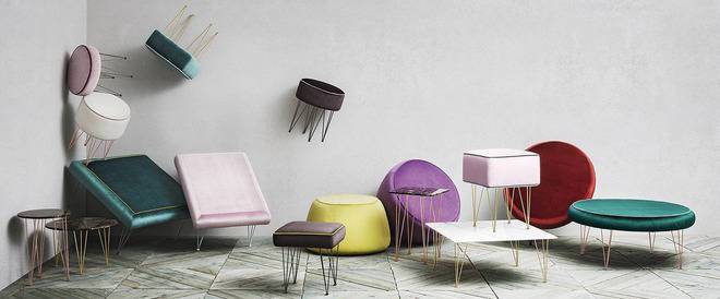 Модерна табуретка с тапицерия от син италиански текстил, PILLS от ‘Felis’