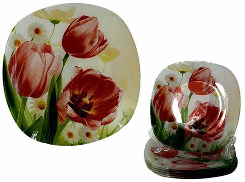 Комплект за торта – 7 части рисувано стъкло – Лалета – 28 и 18 см