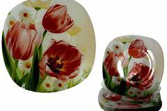 Комплект за торта – 7 части рисувано стъкло – Лалета – 28 и 18 см