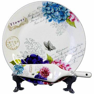 Порцеланов комплект за торта от 2 части – Пролетни цветя – 27 см