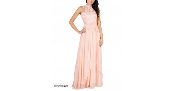 Бална Дълга Розова Рокля Шифон Гол Гръб