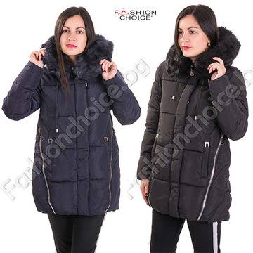 Зимно дамско яке с издължена задна част в черно и тъмно синьо