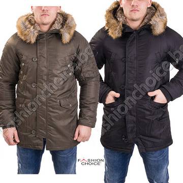 Плътна мъжка зимна шуба с пухена качулка в два десена