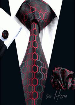 Луксозна мъжка вратовръзка комплект с ръкавели и кърпичка в червено, бордо, черно