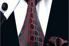 Луксозна мъжка вратовръзка комплект с ръкавели и кърпичка в червено, бордо, черно