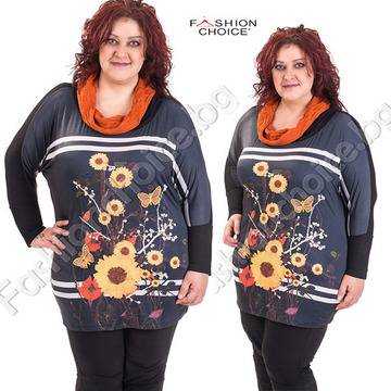 Пъстра макси блуза с плетена поло яка на цветя и 3D ефект пеперуди