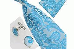 Комплект мъжка вратовръзка, ръкавели и кърпичка в бяло и тюркоаз