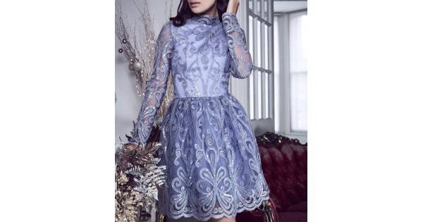 Бална Блестяща Къса Синя Рокля Ръкави