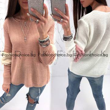 Дамски пуловер с ефектен полар на ръкавите в два цвята