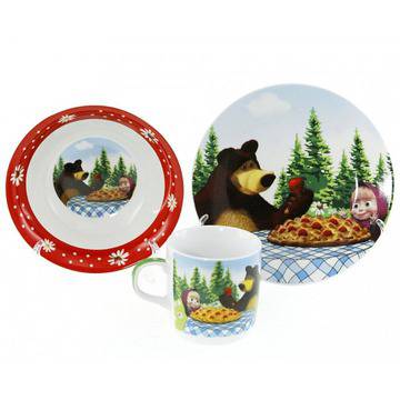 Детски порцеланов комплект за хранене от три части – Маша и Мечока