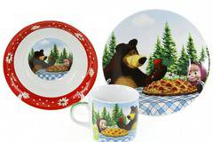 Детски порцеланов комплект за хранене от три части – Маша и Мечока