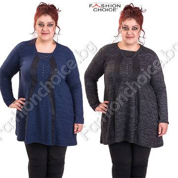 Плътна дамска туника с кожени ленти и камъчета в големи размери