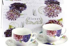 Порцеланов комплект две чаши за кафе или чай 220 мл. с чинийки – Пролетни цветя