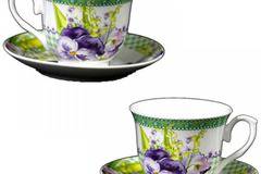 Порцеланов комплект две чаши за кафе или чай 220 мл. с чинийки – Теменужки