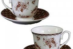 Порцеланов комплект шест чаши за кафе или чай 250 мл. с чинийки – Кафяви рози