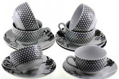 Порцеланов комплект шест чаши за кафе или чай 250 мл. с чинийки в черно и бяло