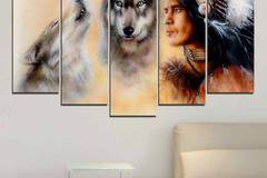 Декоративно пано за стена от 5 части с индиански воин и двойка вълци – HD-767